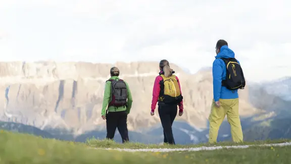 Three hikers walk along a mountain trail in Ortisei, surrounded by lush greenery and dramatic peaks of the Dolomites under a clear blue sky
