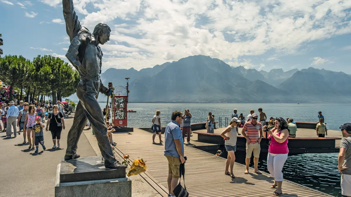Montreux Freddie Mercury statue on lakeside promenade 